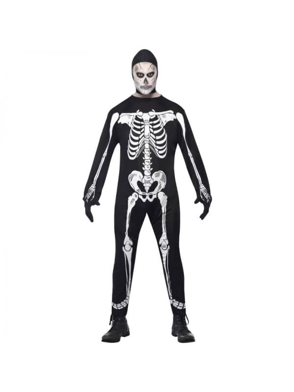 Déguisement squelette noir et blanc (combinaison avec capuche et gants)
