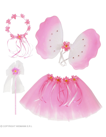 Set de 4 pièces de Fée des fleurs, fille (le tutu, les ailes, la coiffe et la baguette magique)