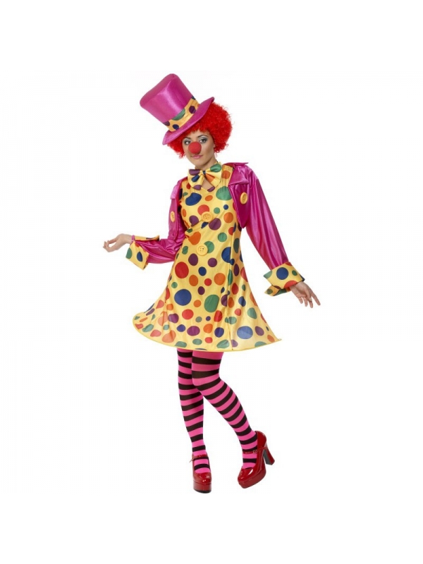 Déguisement femme clown multicolore (robe cercle, chemise, noeud papillon, collants à rayures et chapeau)