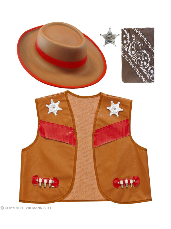 Set COWBOY Garçon, marron (gilet, chapeau, bandana, étoile de sherif)