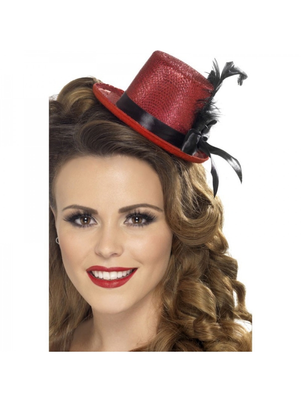 Mini chapeau rouge ruban et plume | Accessoires