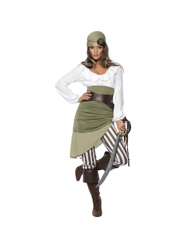 Déguisement femme pirate (haut, jupe, collant, bandana, ceinture et sur-chausse
