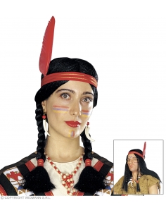 Perruque noire d'indien avec deux tresses et un bandeau à plume rouge (mixte)