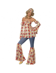 Déguisement vintage hippie femme (haut dos nu, manches, pantalon patte d'‚éléphant et bandeau)